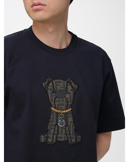 Fendi Blue Cotton T-Shirt With Ff Puppy for men