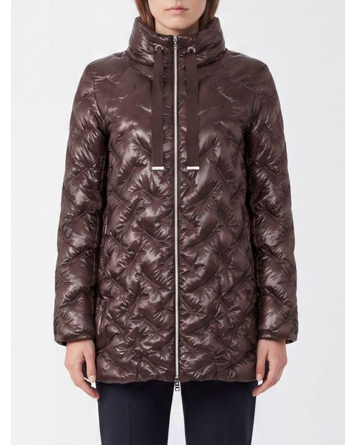 Herno Brown Slim Fit Long Quilted Nylon Puffer Coat With High Neck And Zip