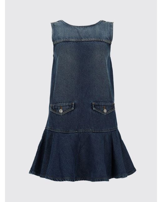 Ganni Blue Sleeveless A-Line Cotton Mini Dress With Ruffles