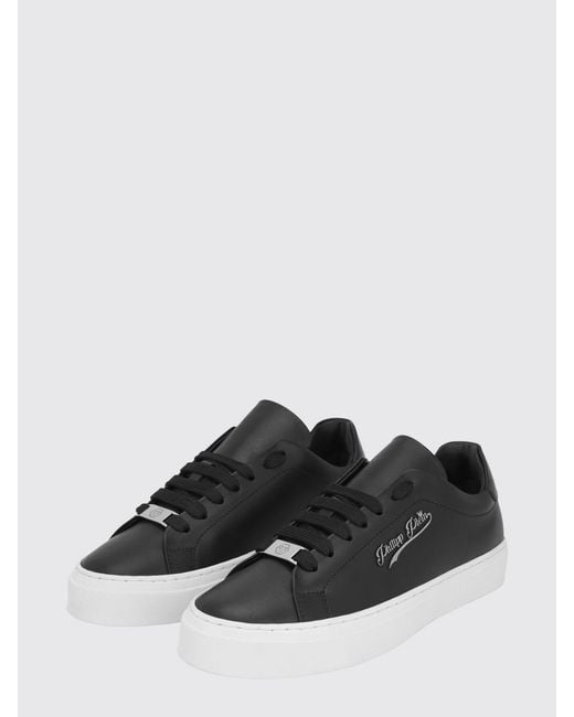 Philipp Plein Black Low Top Smooth Leather Sneakers With Applied Metal Logo for men