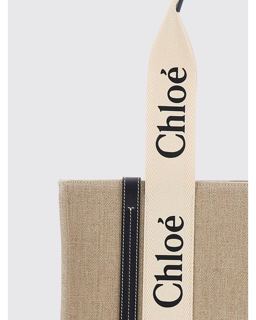 Chloé Natural ChloÉ Woody Linen Tote Bag With Printed Logo And Double Handle