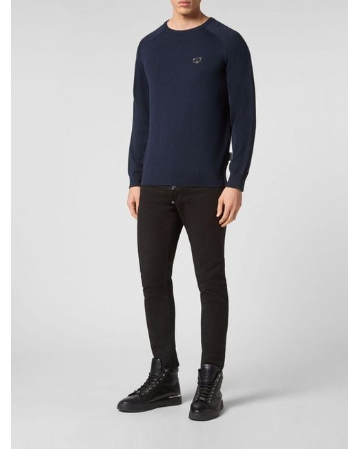 Philipp Plein Blue Long-Sleeved Cotton Crewneck Sweater With Ribbed Cuffs for men