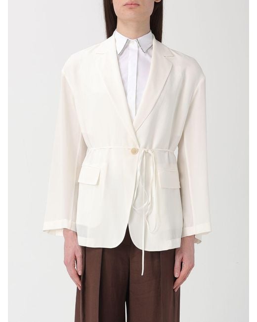 Brunello Cucinelli White Single-Breasted Silk Blazer With Monile
