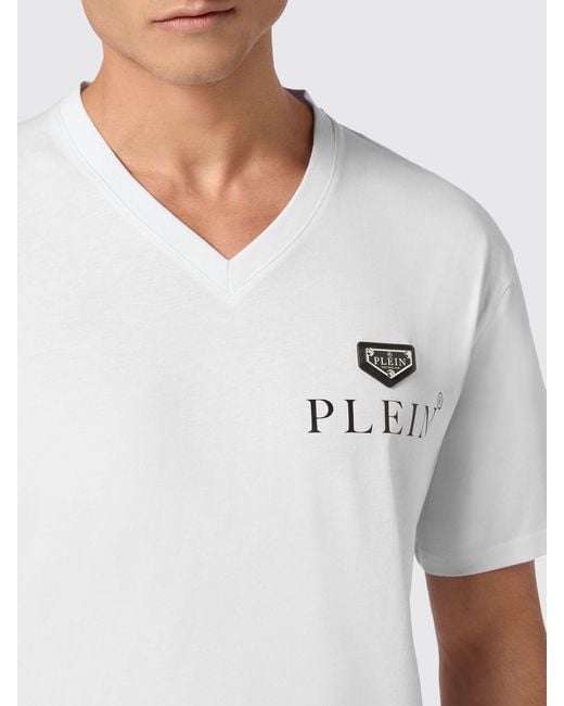 Philipp Plein White Slim Fit Cotton V-Neck T-Shirt With Logo for men