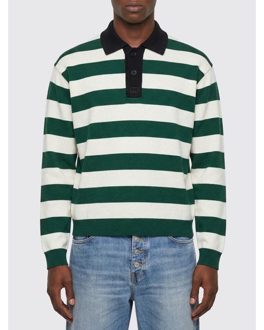 Gucci Green Striped Cotton And Silk Polo Shirt for men