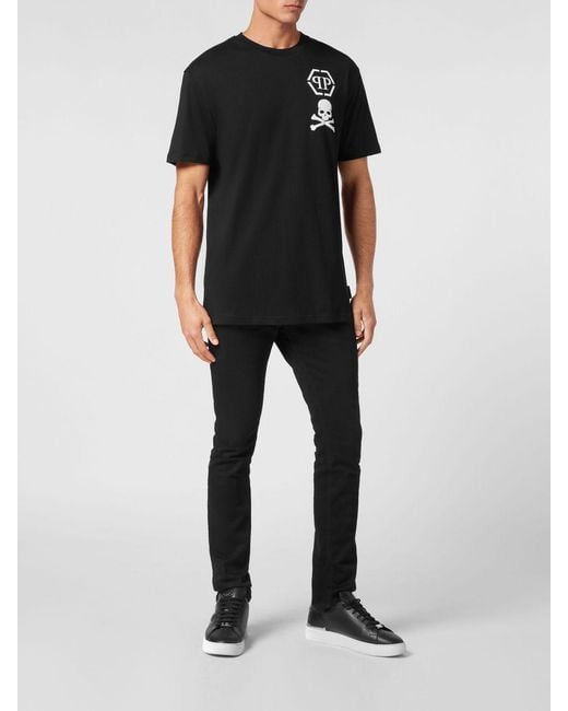 Philipp Plein Black Cotton T-Shirt With Skull And Logo Print for men