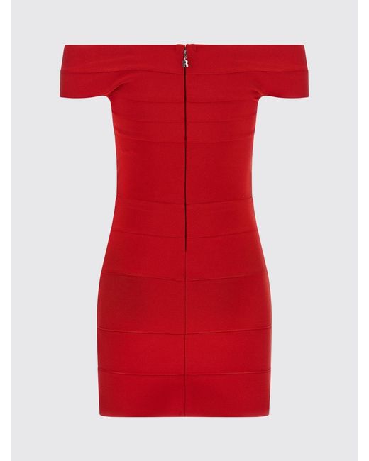 ROTATE BIRGER CHRISTENSEN Red Off-The-Shoulder Jersey Sheath Midi Dress With Straight Neckline