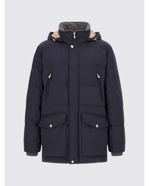 Brunello Cucinelli Blue Water-Repellent Nylon Parka With Removable Hood for men