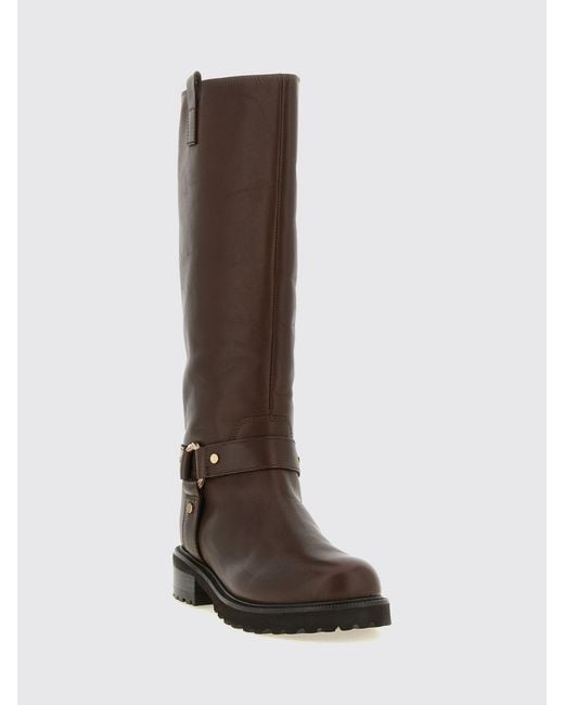 Twinset Brown Knee-High Leather Biker Boots With Lug Sole