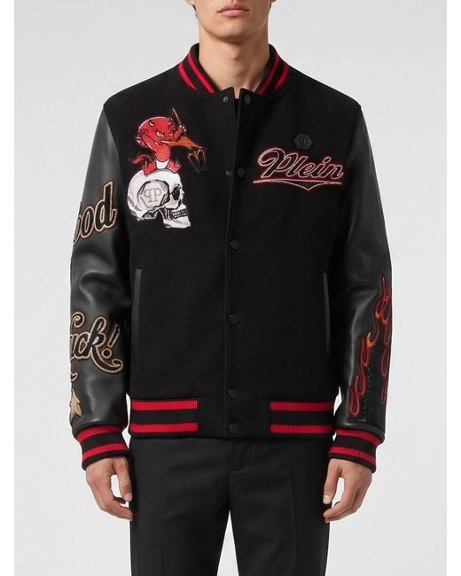 Philipp Plein Black Leather Varsity Bomber Jacket With Skull Embroidery And Rhinestones for men