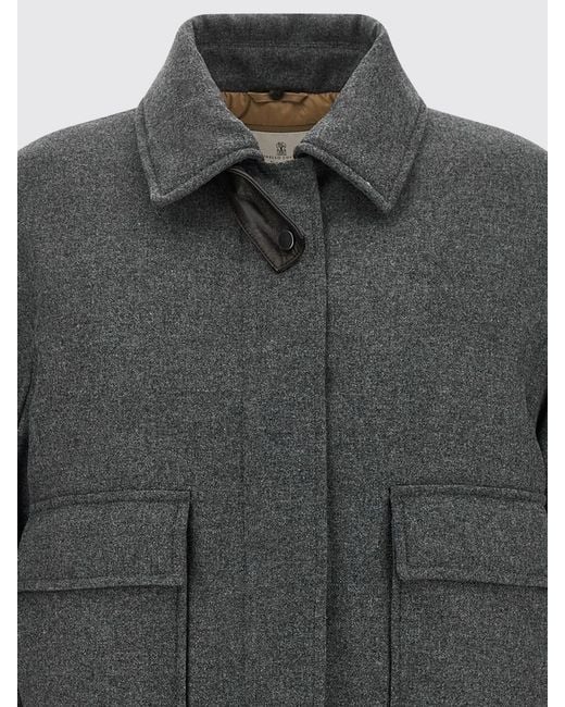 Brunello Cucinelli Gray Short Virgin Wool And Cashmere Coat With Fur Collar