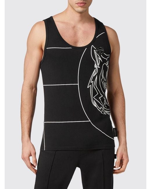 Philipp Plein Black Slim Fit Cotton Tank Top With Hexagon Logo Print for men