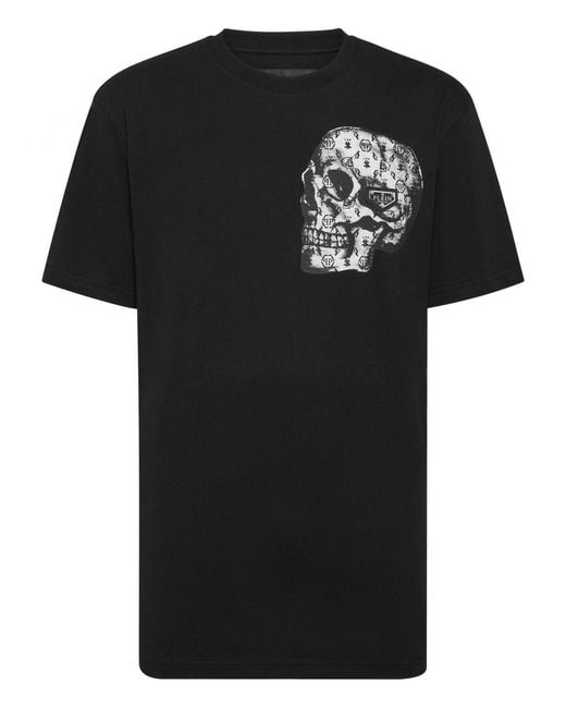 Philipp Plein Black Cotton T-Shirt With Skull Print And Hexagon Logo for men
