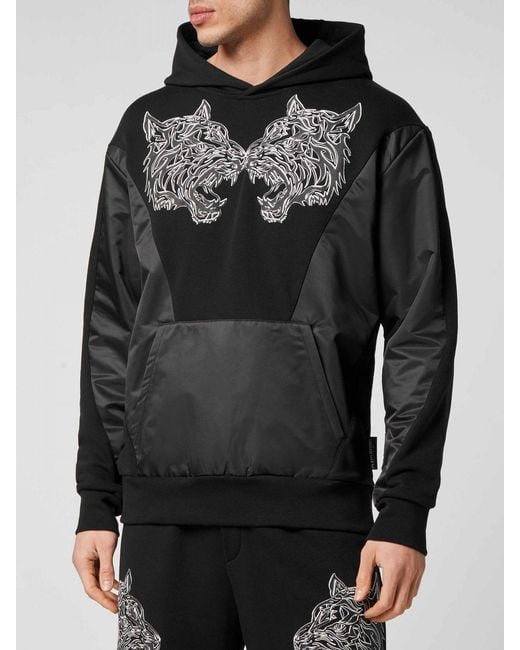 Philipp Plein Black Graphic Print Technical Fabric Hoodie With Kangaroo Pocket for men