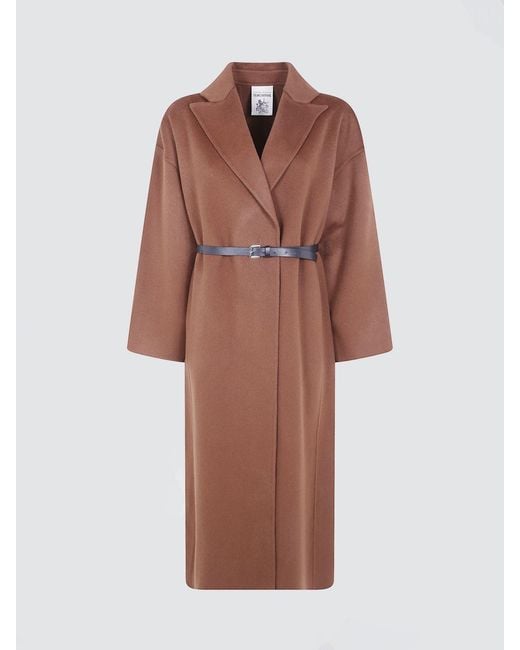 Semicouture Brown Peak Lapel Long Wool Robe Coat With Self-Tie Belt