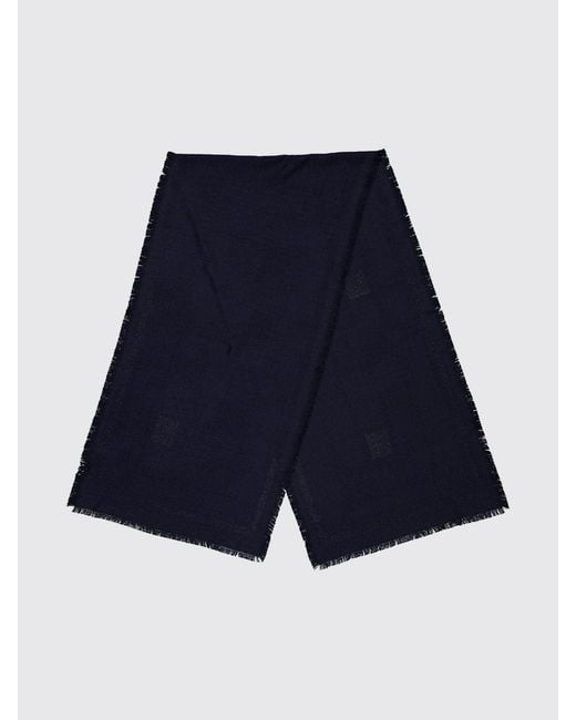 Ferragamo Blue Wool And Silk Blend Scarf With Fringed Edges