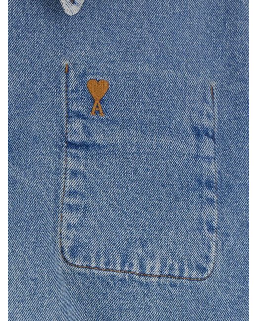 AMI Blue Cotton Denim Zip-Up Jacket With Embroidered Logo for men