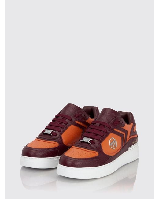 Philipp Plein Red Pit-$Top Monogram Leather Low-Top Trainers With Hexagon Logo for men
