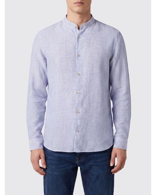 Boglioli Blue Striped Linen Slim Fit Shirt With Mandarin Collar for men