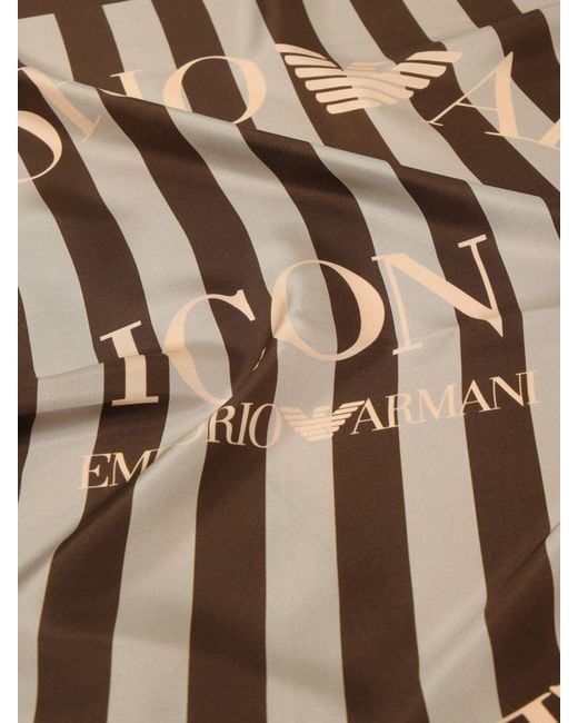 Emporio Armani Brown Striped Silk Scarf With Logo Print And Fringed Edges