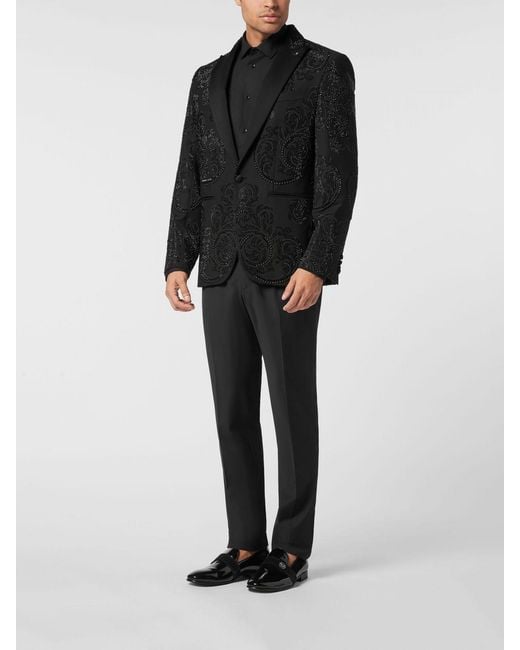 Philipp Plein Black Single-Breasted Wool Blazer With Crystal Embroidery for men