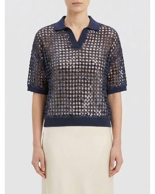 Brunello Cucinelli Blue Silk And Linen Polo Shirt With Sequins