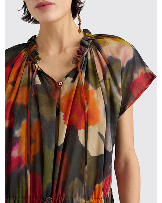 Momoní Red Momon&Igrave Otero Floral-Print Long Silk Tunic With Short Sleeves