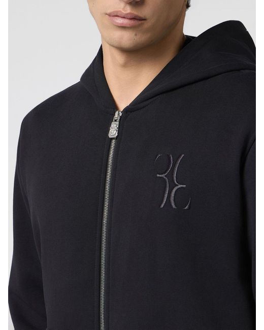 Billionaire Blue Cotton Zip-Up Hoodie With Embroidered Logo for men
