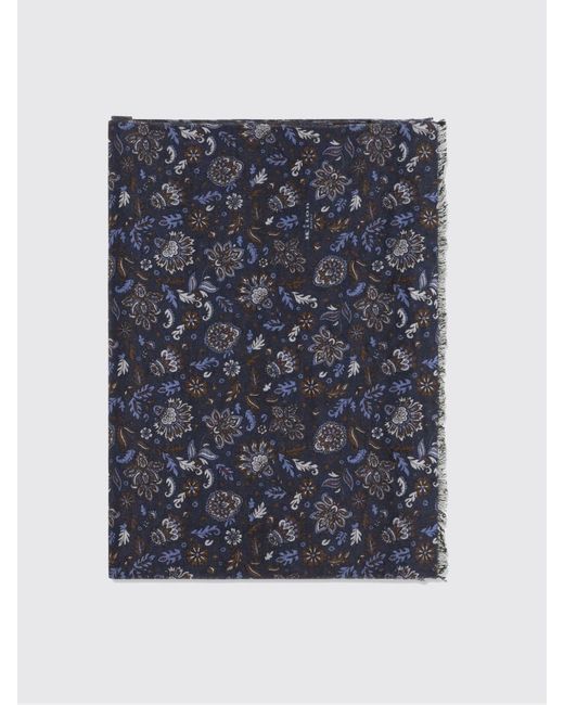 Kiton Blue Rectangular Floral Print Silk Scarf With Fringed Edges for men