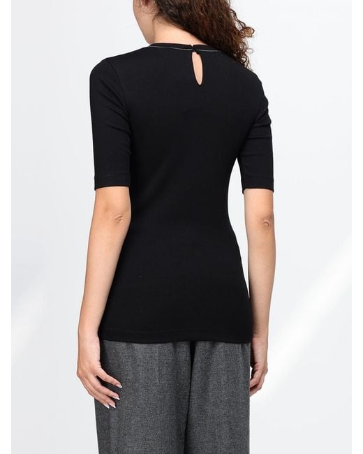 Brunello Cucinelli Black Stretch Cotton T-Shirt With Monili Embellishment