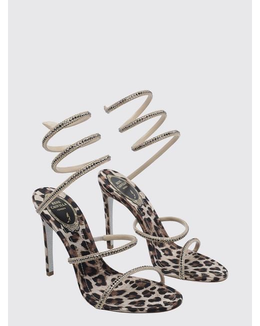 Rene Caovilla White Cleo Animalier Print Satin Sandals With Snake Strap And Crystals