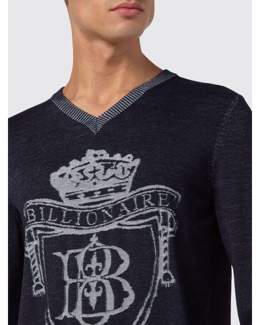 Billionaire Blue Wool And Silk V-Neck Jumper With A Jacquard Crest Logo for men