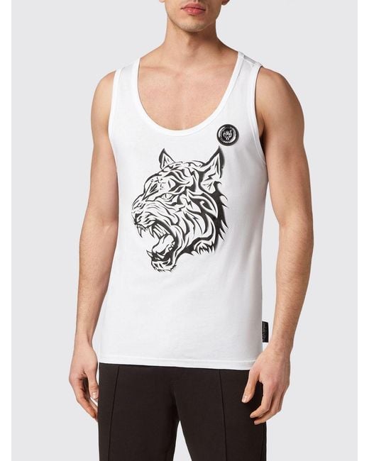 Philipp Plein White Slim Fit Cotton Tank Top With Hexagon Logo Print for men