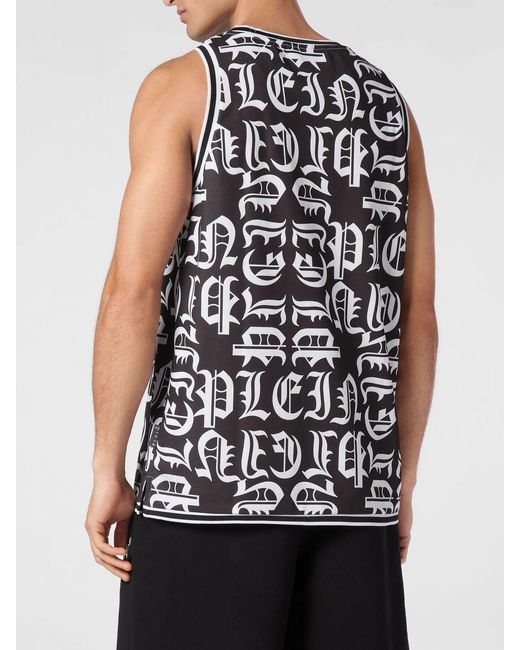 Philipp Plein Blue Gothic Cotton Vest With Contrast Logo And Crew Neck for men