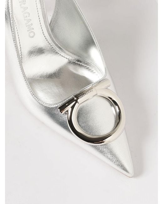 Ferragamo White Maxi Gancini Laminated Leather Slingbacks