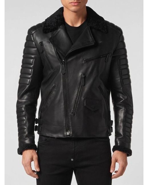 Philipp Plein Black Lambskin Biker Jacket for men