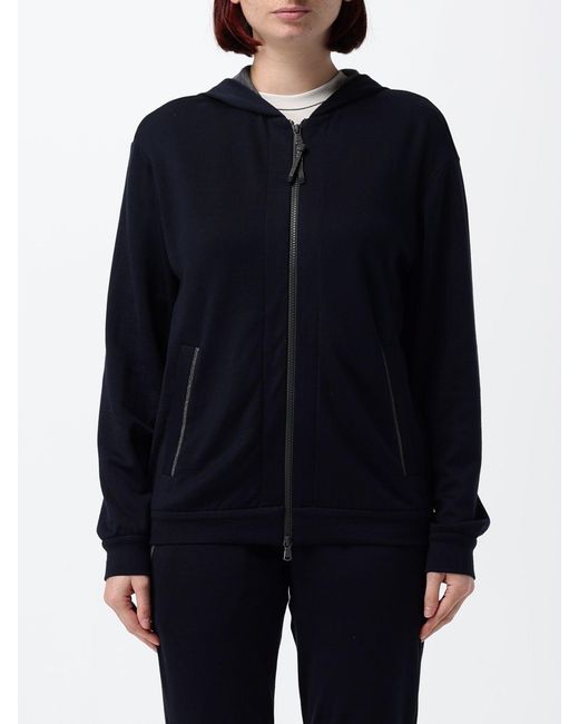 Brunello Cucinelli Blue Cotton Zip-Up Hoodie With Monili Embellishment