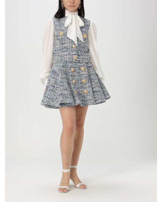 Balmain Blue Tweed Skirt With Pleats