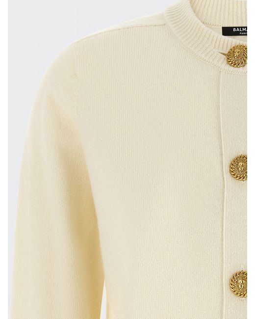 Balmain Blue Wool Crewneck Cardigan With Patch Pockets And Embossed Buttons