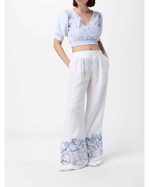 Ermanno Scervino White Wide-Leg Linen Palazzo Pants With Embroidery