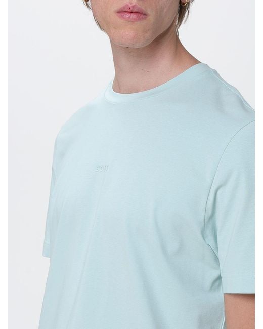 Boss Blue Crew Neck Stretch-Cotton T-Shirt With Contrast Chest Logo for men