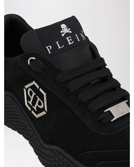 Philipp Plein Black Low Top Leather And Suede Sneakers With Hexagon Logo for men