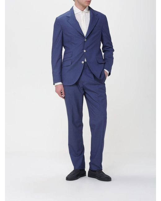 Brunello Cucinelli Blue Single-Breasted Linen Blend Suit for men