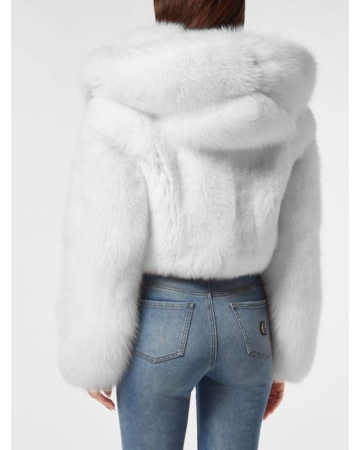 Philipp Plein Gray Cropped Fox Fur Jacket With Crystals