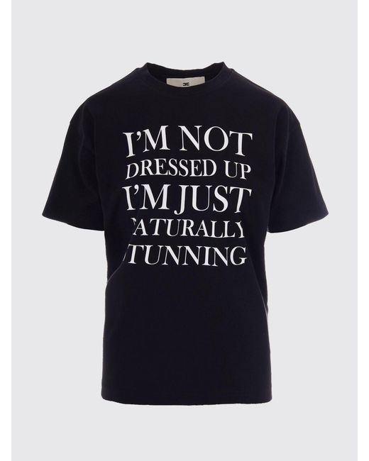 Elisabetta Franchi Black Cotton T-Shirt With Slogan Print And Back Logo