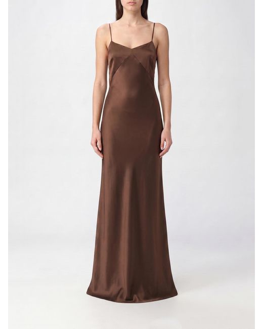 ROTATE BIRGER CHRISTENSEN Brown Satin Long Slip Dress With Square Neckline And Thin Straps