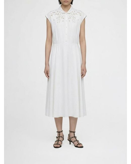 Valentino White Cotton Chemisier Dress With Lace Inserts