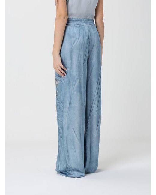 Pinko Blue Cotton Palazzo Trousers With Jewel Print