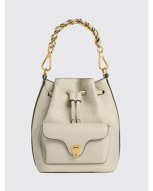 Coccinelle White Beat Generation Leather Mini Bucket Bag With Woven Handle