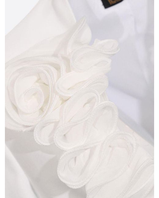 Hanita White Cropped Crêpe Blazer With A Shawl Collar And A Flower Appliqué